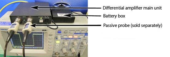 Figure 1: Example of the 10: 1 probe connection attached to the DS-5100 when the main unit differential amplifier and the battery are operating